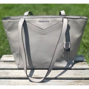 Michael Kors Pearl Gray Tote Bag Leather Satchel Shoulder Bag Designer Handbag